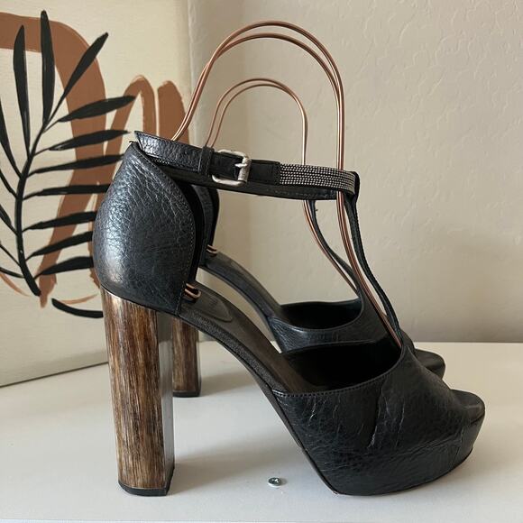 Brunello Cucinelli Black Leather Platform Block Heel Peep T-Strap Sandals 40.5 - Picture 4 of 13